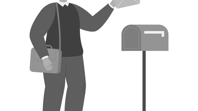 s_w_Postman holding envelope with letter, standing near mailbox